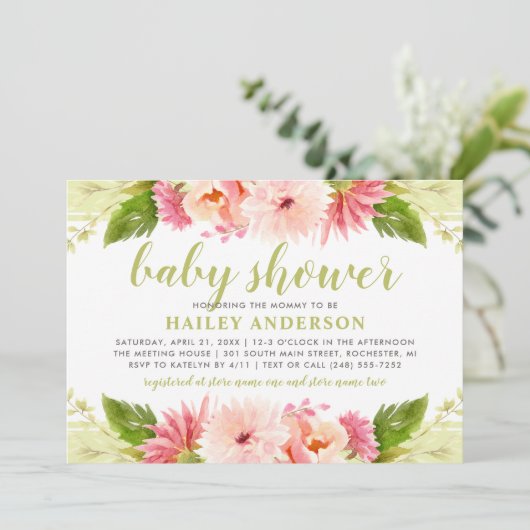 ピンク・エレガントフローラ・ウォーター・カラー・ガール・ベビー・シャワー 招待状 (スタンド正面)