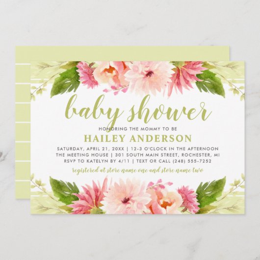 ピンク・エレガントフローラ・ウォーター・カラー・ガール・ベビー・シャワー 招待状 (正面/裏面)
