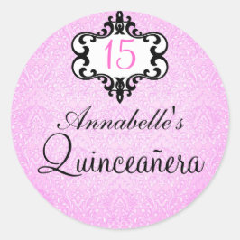 ピンク/エレガントブラックのシックなダマスクキンセアニラステッカー ラウンドシール