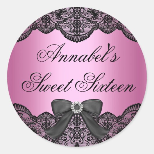 ピンク&エレガントブラックレーススウィート16ステッカー ラウンドシール (正面)