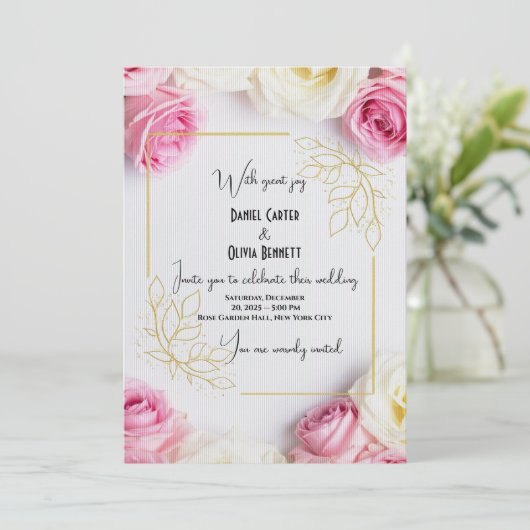 ピンク&エレガントホワイトローズ結婚式招待状 招待状 (スタンド正面)