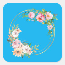 ピンク&エレガント金ゴールドフラワーリースステッカーブルー