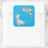 ピンク&エレガント金ゴールドフラワーリースステッカーブルー スクエアシール (バッグ)