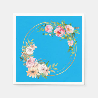 ピンク&エレガント金ゴールドフラワーリースペーパーナプキンブルー スタンダードカクテルナプキン