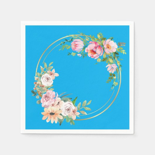 ピンク&エレガント金ゴールドフラワーリースペーパーナプキンブルー スタンダードカクテルナプキン (正面)