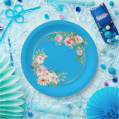 ピンク&エレガント金ゴールドフラワーリース紙プレートブルー ペーパープレート (パーティー)