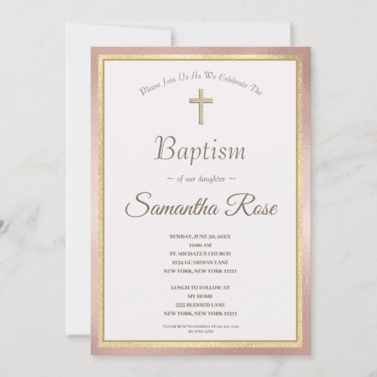 ピンク・エレガント金ゴールド・クロス・ベビーガール・バプティスマ 招待状 (正面)