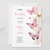 ピンク、エレガント金ゴールド、紫の蝶バビシャワー 招待状 (正面)