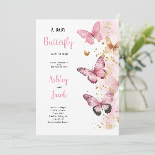 ピンク、エレガント金ゴールド、紫の蝶バビシャワー 招待状 (スタンド正面)