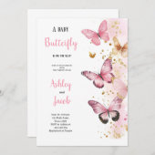ピンク、エレガント金ゴールド、紫の蝶バビシャワー 招待状 (正面/裏面)