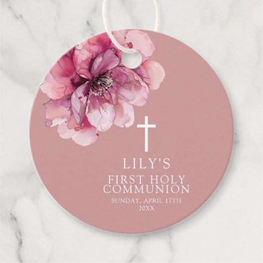 ピンク エレガント 水彩 花 イースター聖体拝領 フェイバータグ (正面)