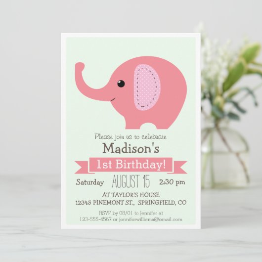 ピンク・エレファントガールの誕生日パーティーへの招待 招待状 (スタンド正面)