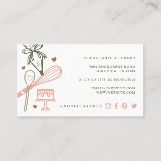 ピンク&オリーブグリーンベーキング&料理用具ベーカリー 名刺 (裏面)