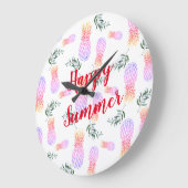 ピンク&オレンジのパイナップルハッピーサマー ラージ壁時計 (傾斜)