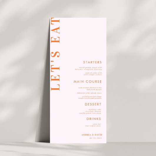 ピンク&オレンジのピーチアプリコットクラッシュ結婚のメニュー メニュー