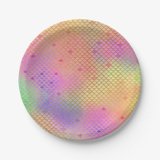 ピンク&オレンジのマーメイドパターン誕生日パーティー ペーパープレート (正面)