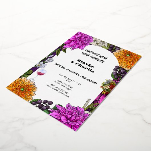 ピンク&オレンジウォーターフローラ結婚式招待状 箔招待状 (回転した状態)