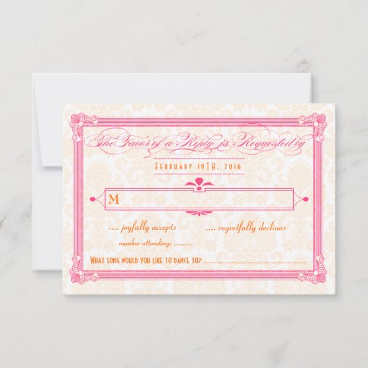 ピンク&オレンジダマスコポスター – スタイル結婚式RSVP 出欠カード (裏面)