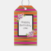 ピンク、オレンジフェイク、メタリックストライプ花模様付き ギフトタグ (正面)