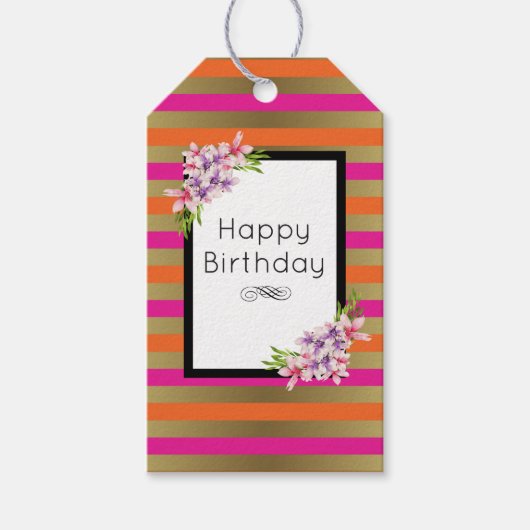 ピンク、オレンジフェイク、メタリックストライプ花模様付き ギフトタグ (正面)