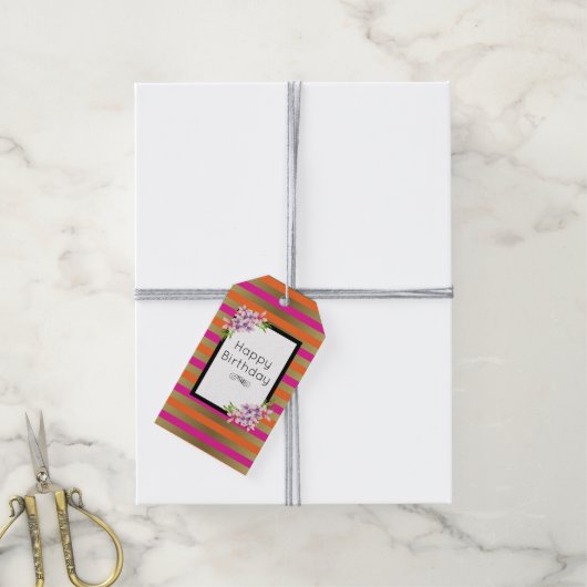 ピンク、オレンジフェイク、メタリックストライプ花模様付き ギフトタグ (より糸付き)