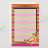 ピンク、オレンジフェイク、メタリックストライプ花模様付き 便箋 (正面/裏面)