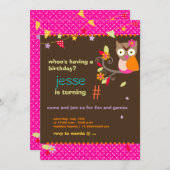 ピンク/オレンジフクロウパーソナライズされたの誕生日パーティー 招待状 (正面/裏面)