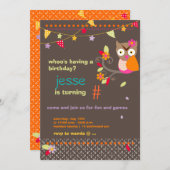ピンク/オレンジフクロウパーソナライズされたバースデーパーティー 招待状 (正面/裏面)
