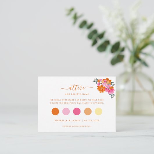 ピンク&オレンジフローラゲストドレスファッションQRコード エンクロージャーカード (スタンド正面)