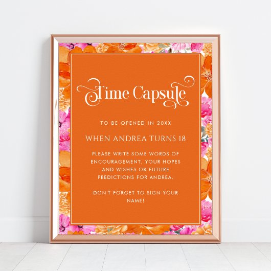 ピンク&オレンジフローラ赤ちゃんシャワー時間カプセル ポスター