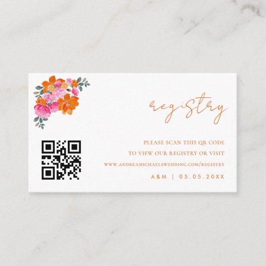 ピンク&オレンジフローラQrコード結婚のギフトレジストリ エンクロージャーカード (正面)