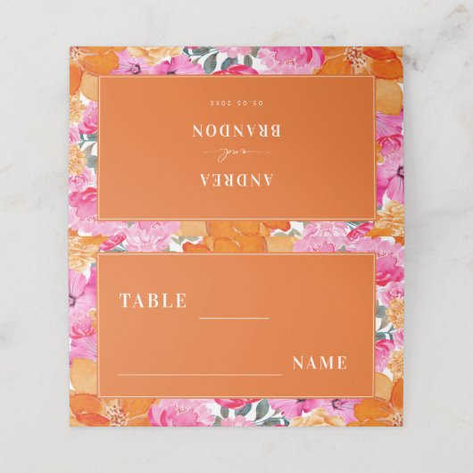 ピンク&オレンジブライトサマー庭園の結婚式テーブル プレイスカード (外部開封)