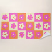 ピンク&オレンジレトロフラワーズボホシックフローラ ビーチタオル (正面)