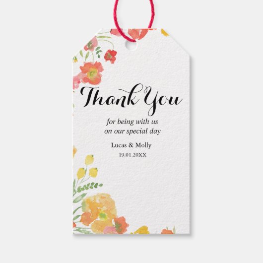 ピンク&オレンジ夏のフローラ結婚ズギフトラベル ギフトタグ (正面)