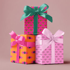 ピンク&オレンジ悪ファンキー目パターンホリデーギフト ラッピングペーパーシート