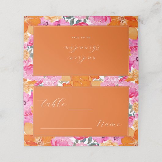 ピンク&オレンジ春サマー庭園の結婚式テーブル プレイスカード (外部開封)