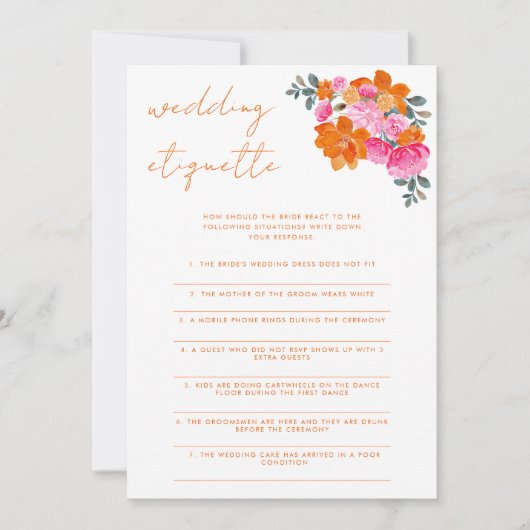 ピンク&オレンジ結婚のエチケットブライダルシャワーゲーム 招待状 (正面)