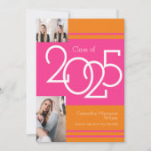 ピンク・オレンジ色の学校カラー卒業発表 招待状 (正面)