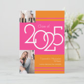 ピンク・オレンジ色の学校カラー卒業発表 招待状 (スタンド正面)