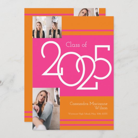 ピンク・オレンジ色の学校カラー卒業発表 招待状 (正面/裏面)