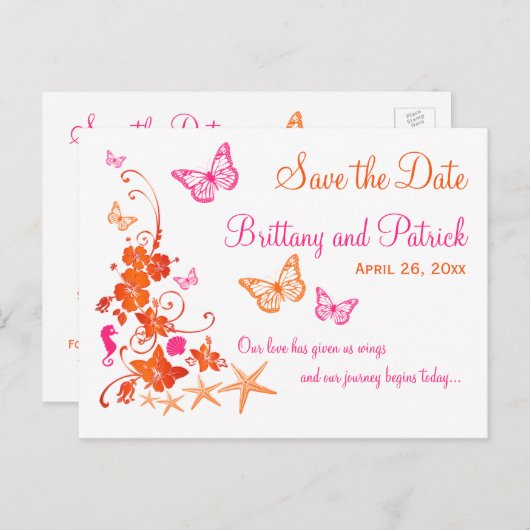 ピンク、オレンジ色の熱帯ビーチ日付はがきを保存 案内ポストカード (正面/裏面)