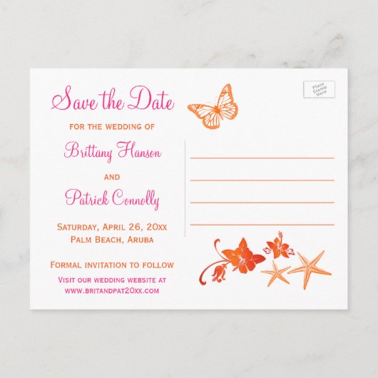 ピンク、オレンジ色の熱帯ビーチ日付はがきを保存 案内ポストカード (裏面)