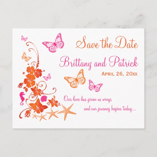 ピンク、オレンジ色の熱帯ビーチ日付はがきを保存 案内ポストカード (正面)