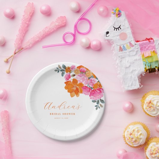 ピンク&オレンジ鮮やかサマーフローラブライダルシャワー ペーパープレート (パーティー)
