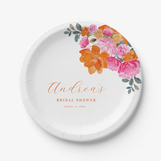 ピンク&オレンジ鮮やかサマーフローラブライダルシャワー ペーパープレート (正面)