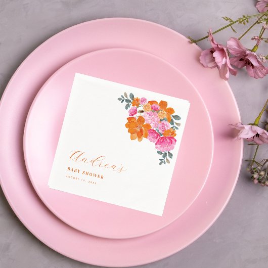 ピンク&オレンジ鮮やか夏フローラ赤ちゃんシャワー スタンダードカクテルナプキン