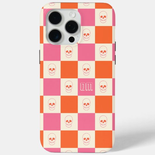 ピンク、オレンジ、クリーム色のチェッカーボードスカル Case-Mate iPhoneケース (裏面)