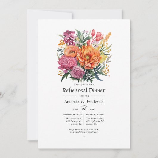 ピンク、オレンジ、グリーンの花の彩るリハーサルディナー 招待状 (正面)