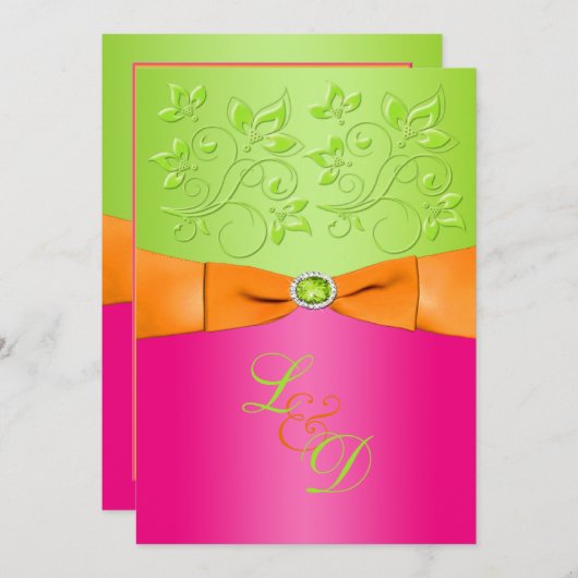 ピンク、オレンジ、グリーンモノグラム結婚式招待状 招待状 (正面/裏面)