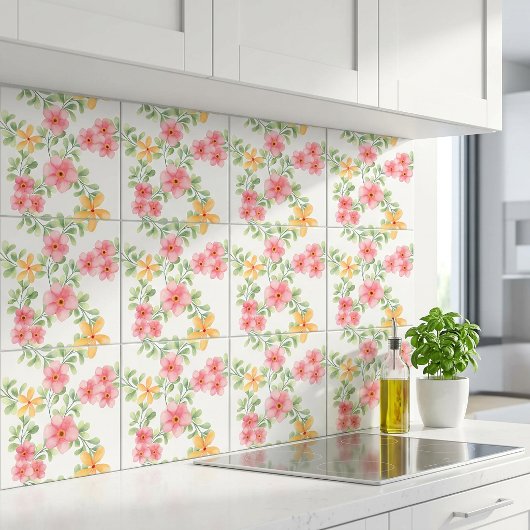 ピンク オレンジ グリーン 水彩画 野の花 タイル